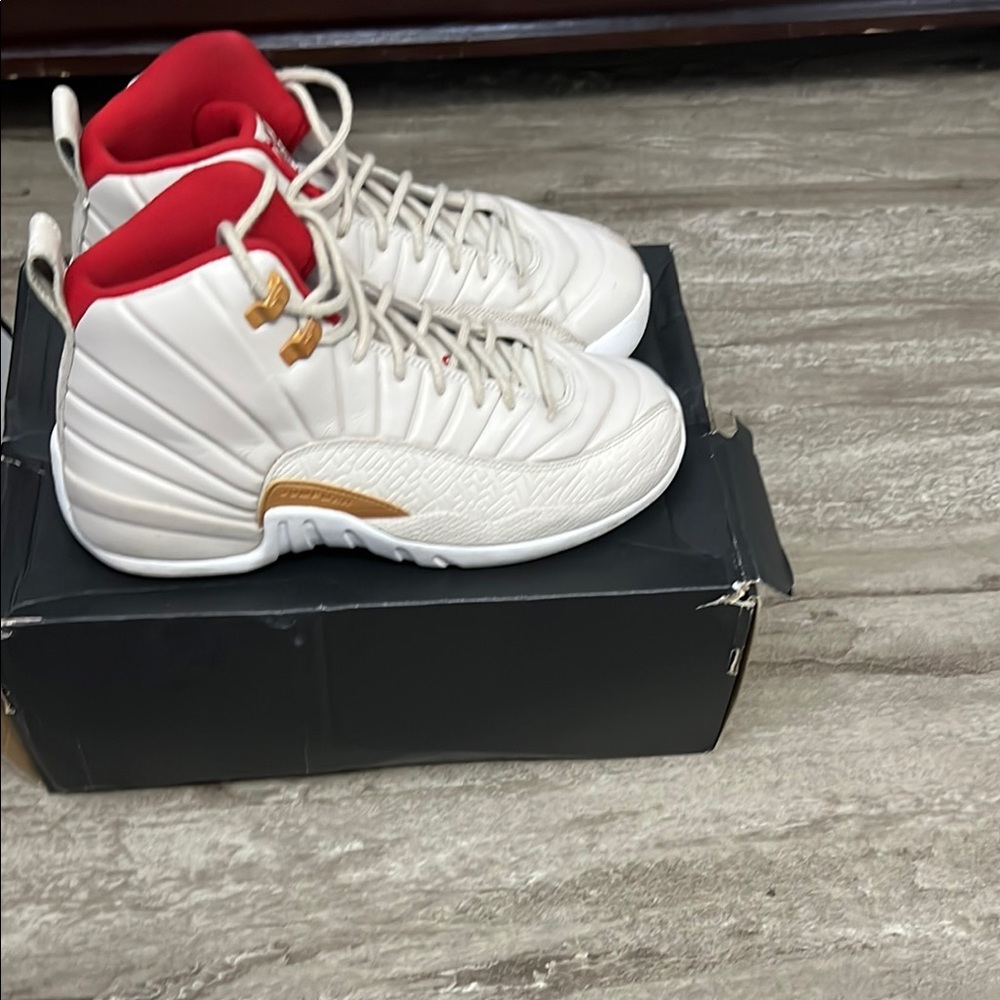 Air Jordan 12 Retro White and Red Sneakers High-Top Design